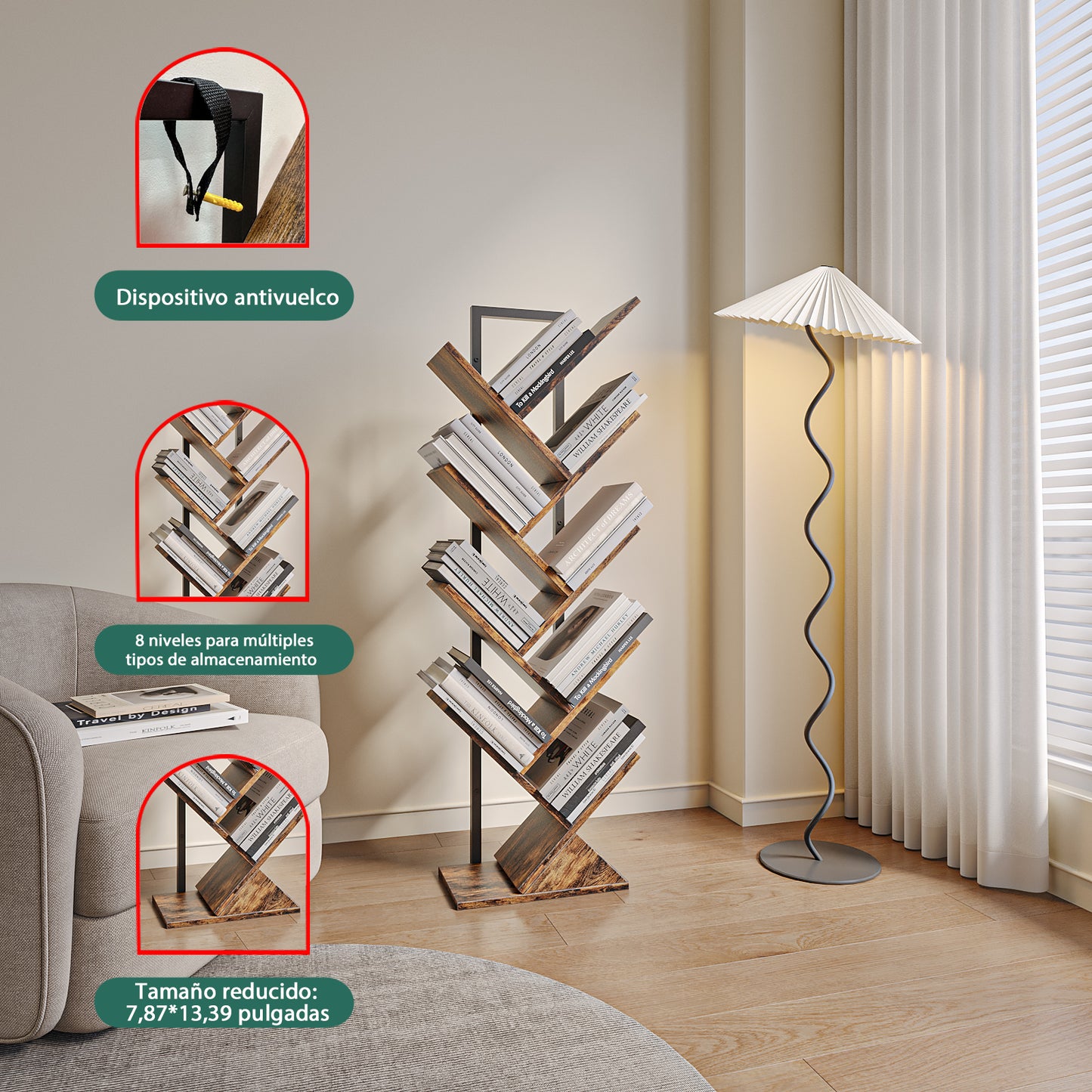 Forma de Árbo Librero,Nivel 8 Librero Minimalista ocupa Menos de 0,1 Metros Cuadrados,Home Wall Multicapa de Almacenamiento de Hendidura Estrecha Librero
