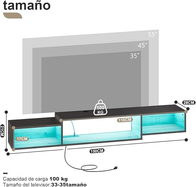 Mueble Flotante para TV 70" en Gris Oak – LED, 3 Espacios Abiertos, Enchufe Americano, Moderno y Ahorrador de Espacio