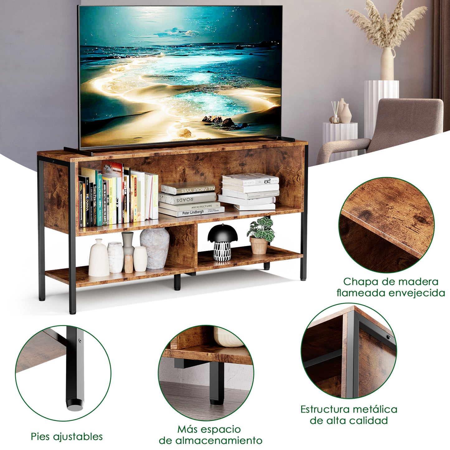 120 CM Grande Mesa para TV,Mueble de TV Abierto de 2 Niveles,Apto para Salón y Dormitorio,El Tamaño es 120 CM × 30 CM × 63 CM.