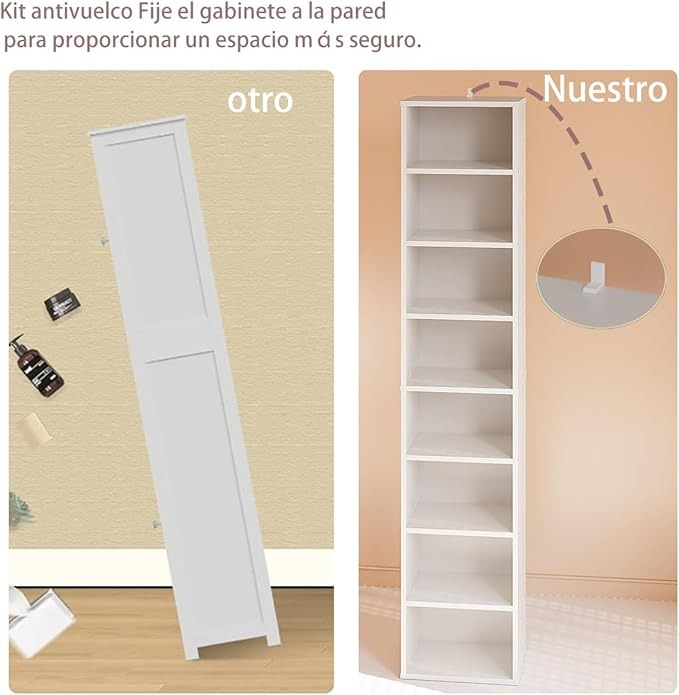 Librero Organizador de 8 Niveles, 180 cm Alto, Estilo Minimalista de Madera con Fijación a la Pared – Ideal para Sala, Cocina o Baño