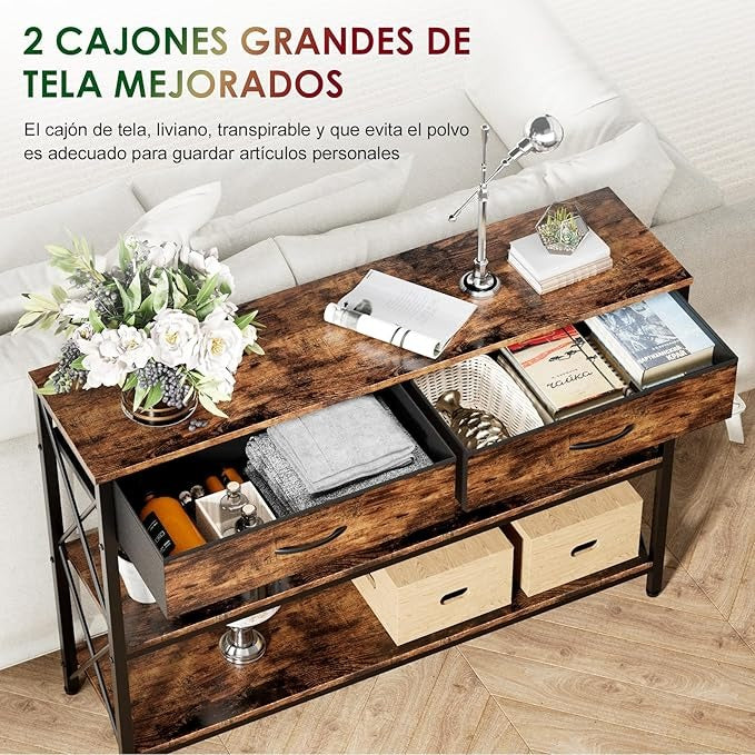 Credenza Moderna para Recibidor – 100CM, con 2 Cajones de Tela y Estantes Dobles, Ideal para Salón y Pasillo