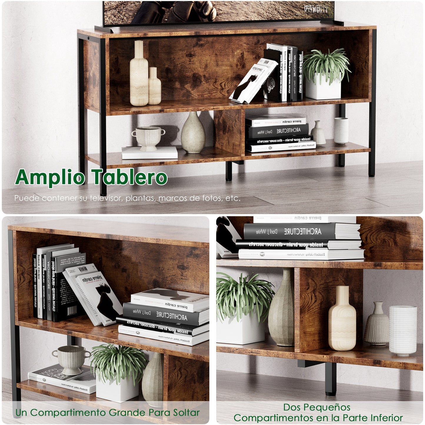 120 CM Grande Mesa para TV,Mueble de TV Abierto de 2 Niveles,Apto para Salón y Dormitorio,El Tamaño es 120 CM × 30 CM × 63 CM.