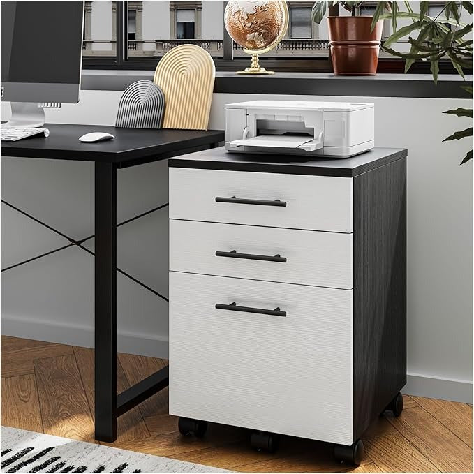 Archivero de Madera Blanco y Negro con 3 Cajones | Organizador de Oficina con Ruedas y Espacio para Impresora