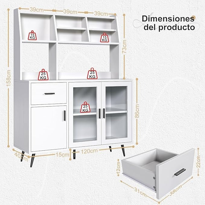Alacena de Cocina Simple Hogar – Gabinete Multiusos con Puertas de Cristal Templado y Cajones de Madera, Compacto y Fácil de Instalar