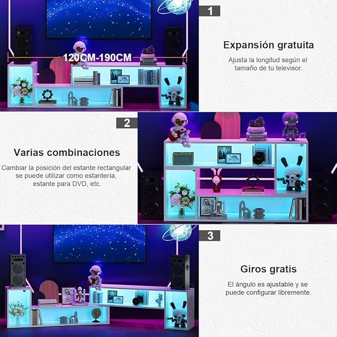 Mueble TV Expandible en Doble L Simple Wisdom – LED Controlable por App, Modular DIY, Almacenaje Amplio y Minimalista 48x100x30cm