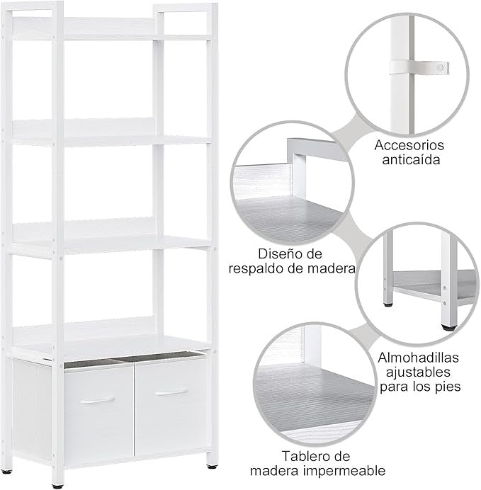 Librero Minimalista de 5 Niveles con Respaldo Semicerrado – Grande 155cm, con Cajón de Tela, Ideal para Dormitorio y Sala de Estar (Blanco)