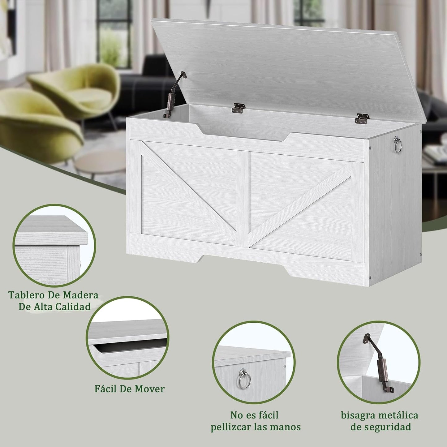 Baul De Almacenamiento,Con Bisagra De Seguridad Baul Para Juguetes,Baul Para Recamara,Adecuado Para Dormitorio y Sala De Estar,Baul De Almacenamiento Tamaño 100 * 50 * 40CM (Blanco)