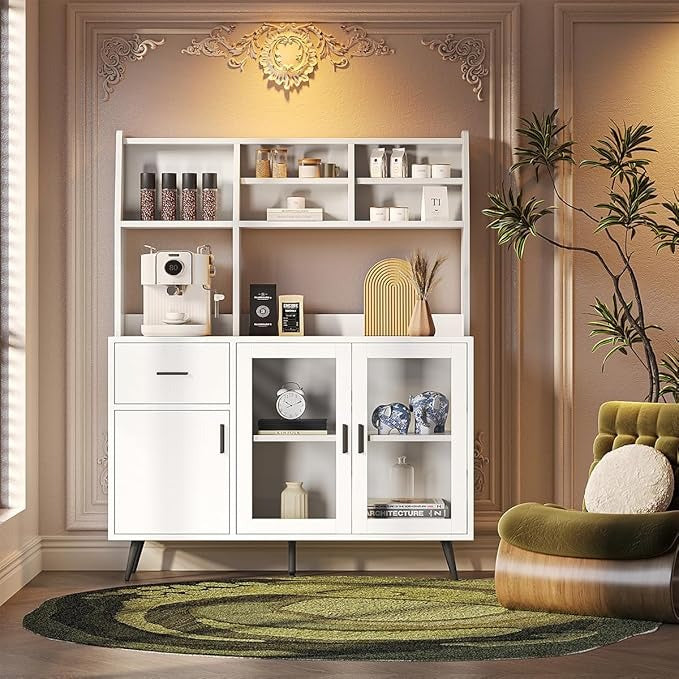Alacena de Cocina Simple Hogar – Gabinete Multiusos con Puertas de Cristal Templado y Cajones de Madera, Compacto y Fácil de Instalar