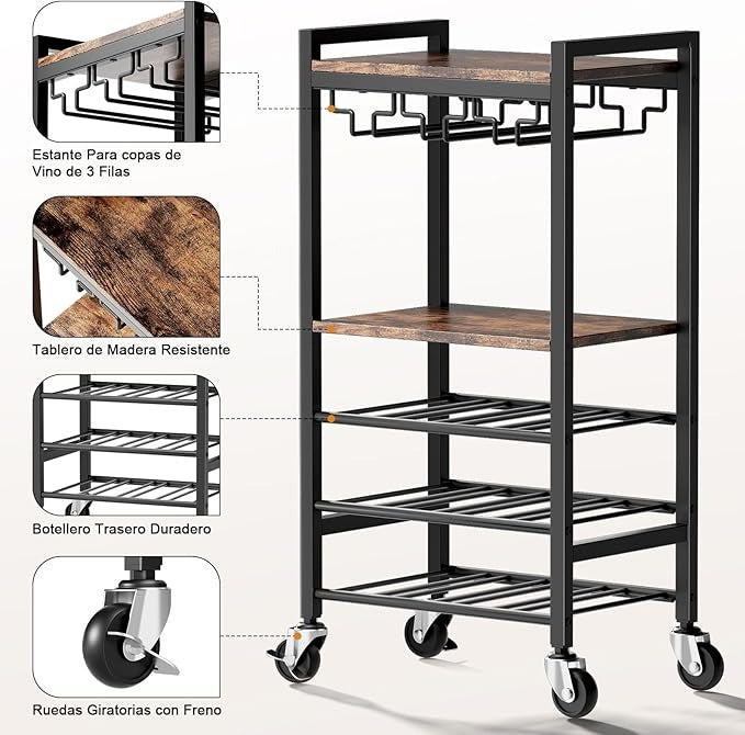 Carrito Bar de 5 Niveles con Porta Copas y Botellero para 12 Botellas – Carrito de Servicio Vintage para Hogar, Cocina o Sala de Estar