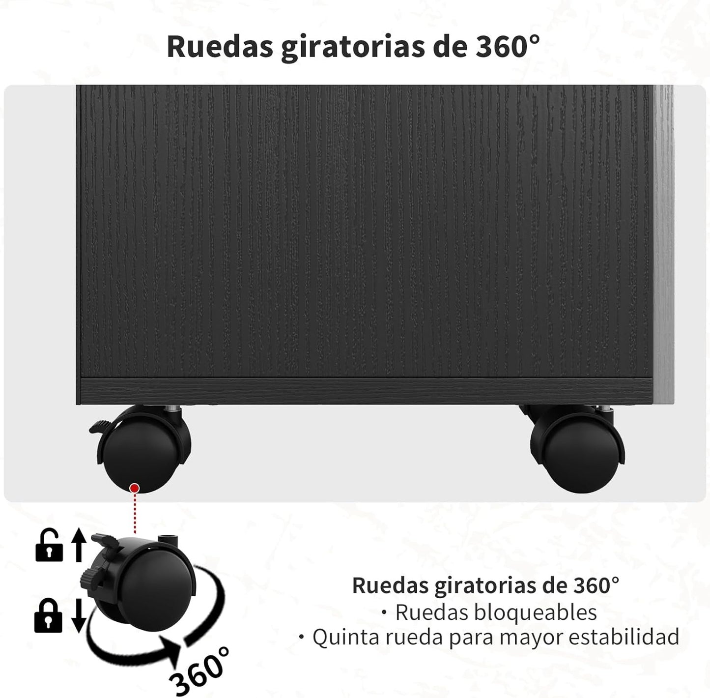 Archivero de Madera Blanco y Negro con 3 Cajones | Organizador de Oficina con Ruedas y Espacio para Impresora