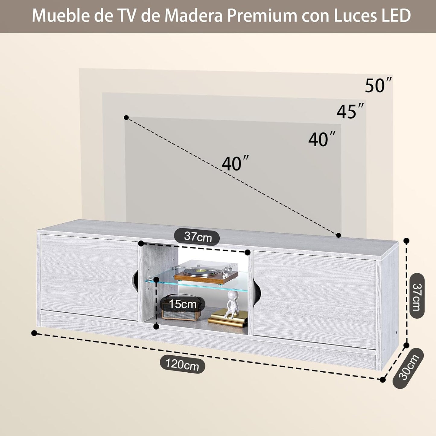 Mueble para TV, 120 CM TV Grande, con Vidrio Templado Luz LED Centro de Entretenimiento para TV, Mesa para TV de Madera de Alta Gama, Apto para Salón y Dormitorio