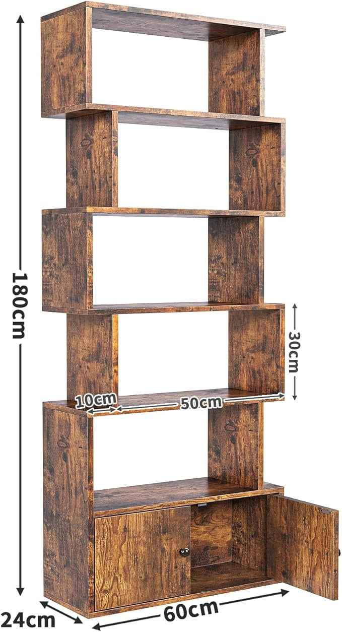 Librero Organizador en S Retro – 6 Pisos, con Puertas, para Sala, Estudio y Dormitorio (180x60x24 cm)