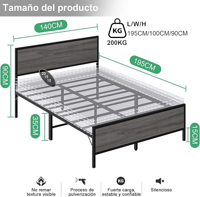 Base de Cama Matrimonial con Cabecera y Pie – Estructura Metálica Resistente con Lamas de Soporte | Diseño Simple y Moderno para Dormitorio