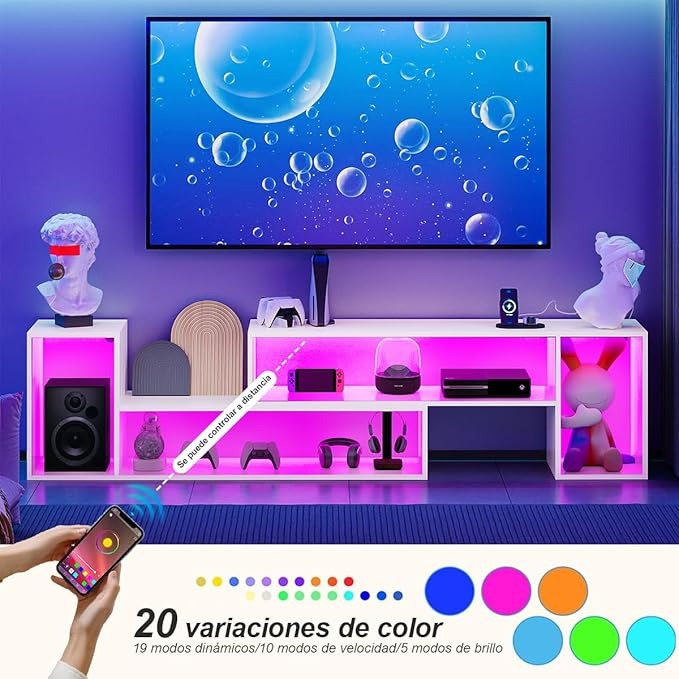 Mueble TV Expandible en Doble L Simple Wisdom – LED Controlable por App, Modular DIY, Almacenaje Amplio y Minimalista 48x100x30cm