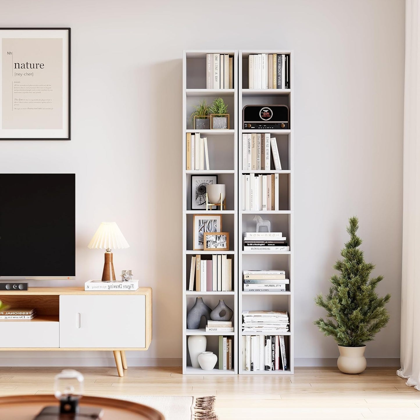 Librero Organizador de 8 Niveles, 180 cm Alto, Estilo Minimalista de Madera con Fijación a la Pared – Ideal para Sala, Cocina o Baño