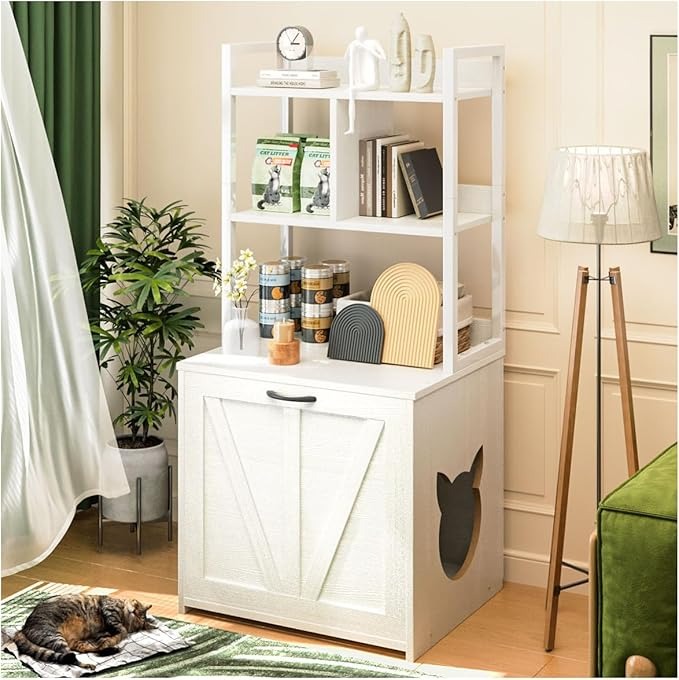 Mueble Arenero para Gato – Casa para Gatos con Caja de Arena Grande y Estante de 2 Niveles para Almacenaje