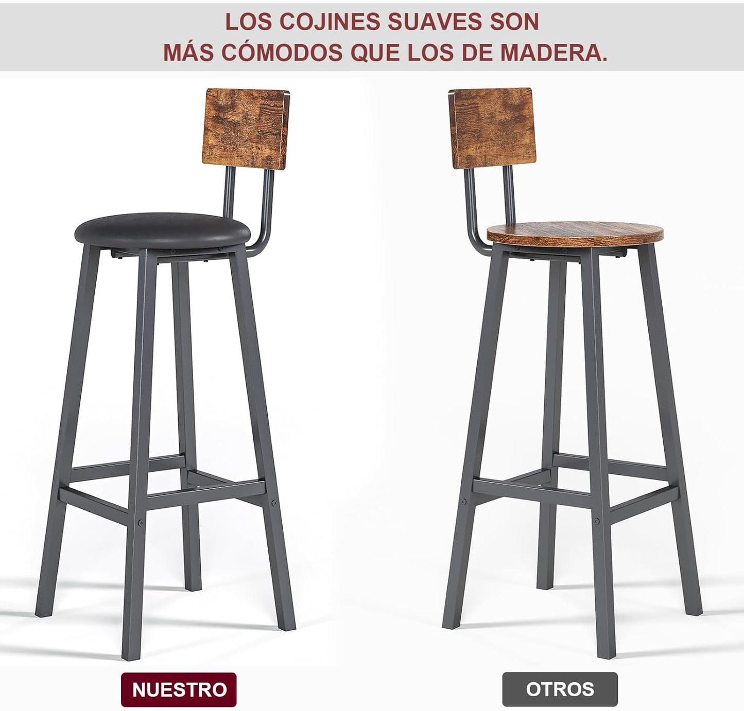 Bancos para Barra,Juego de 2 Taburetes de Bar,Bancos para Barra de Cocina de Madera de Hierro Vintage,Silla Alta de 96 CM para Bar,Cocina,Restaurante,Banco Alto con Tapizado de PU.