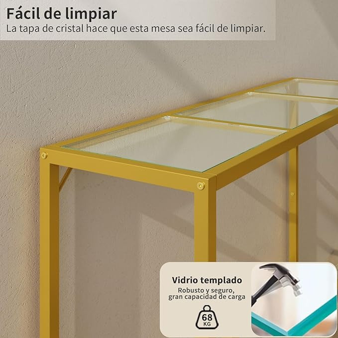Credenza Recibidor en Vidrio Templado – Mesa Consola Dorada de 120cm con Estructura de Metal para Entrada o Salón