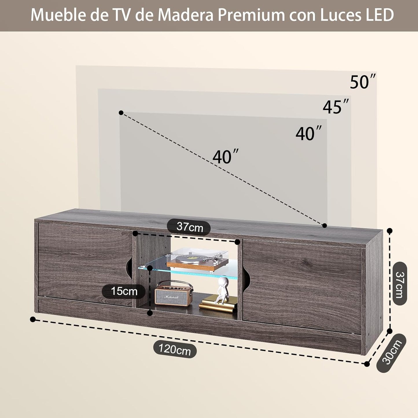 Mueble para TV, 120 CM TV Grande, con Vidrio Templado Luz LED Centro de Entretenimiento para TV, Mesa para TV de Madera de Alta Gama, Apto para Salón y Dormitorio