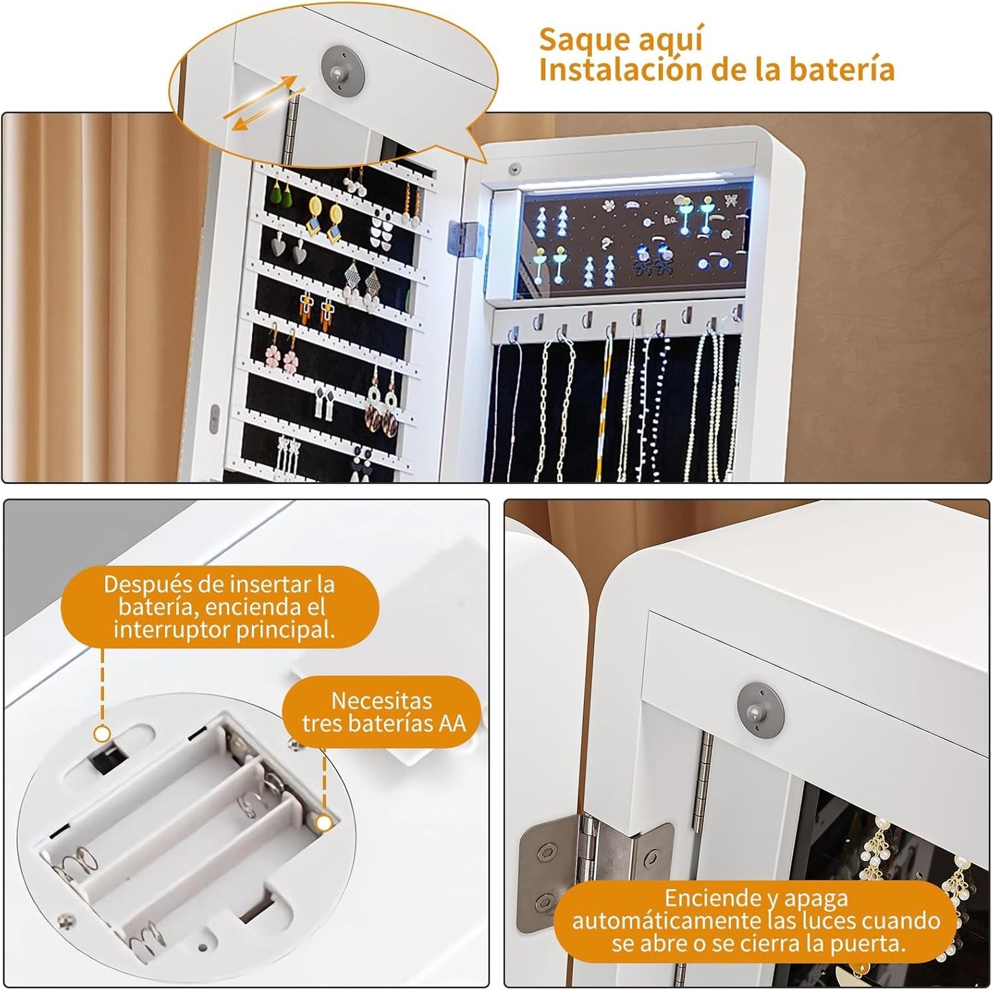 Espejo Joyero con Luces LED y Llave | Espejo Organizador de Pie y de Puerta con Almacenamiento para Joyería – 155×42×36 cm