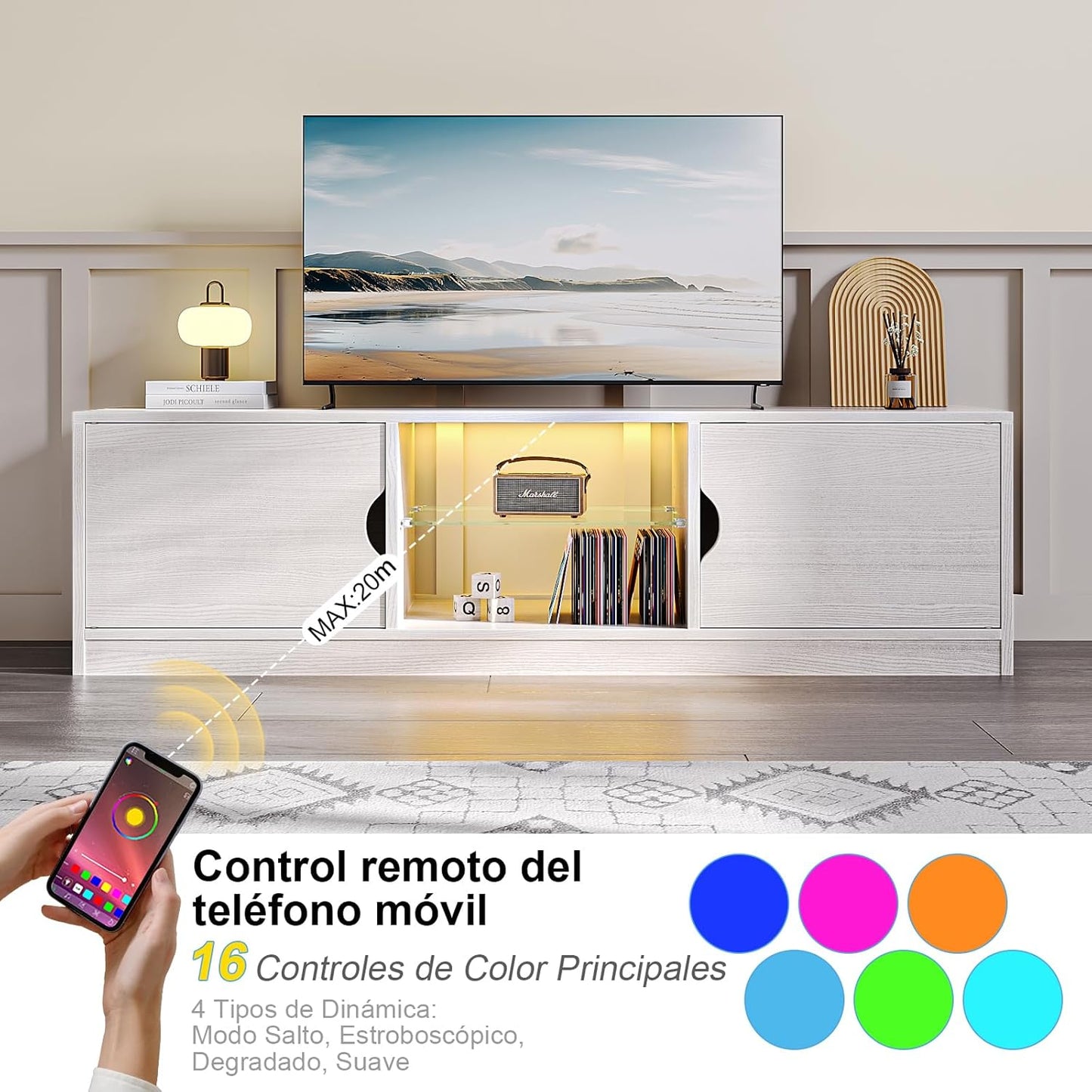 Mueble para TV, 120 CM TV Grande, con Vidrio Templado Luz LED Centro de Entretenimiento para TV, Mesa para TV de Madera de Alta Gama, Apto para Salón y Dormitorio