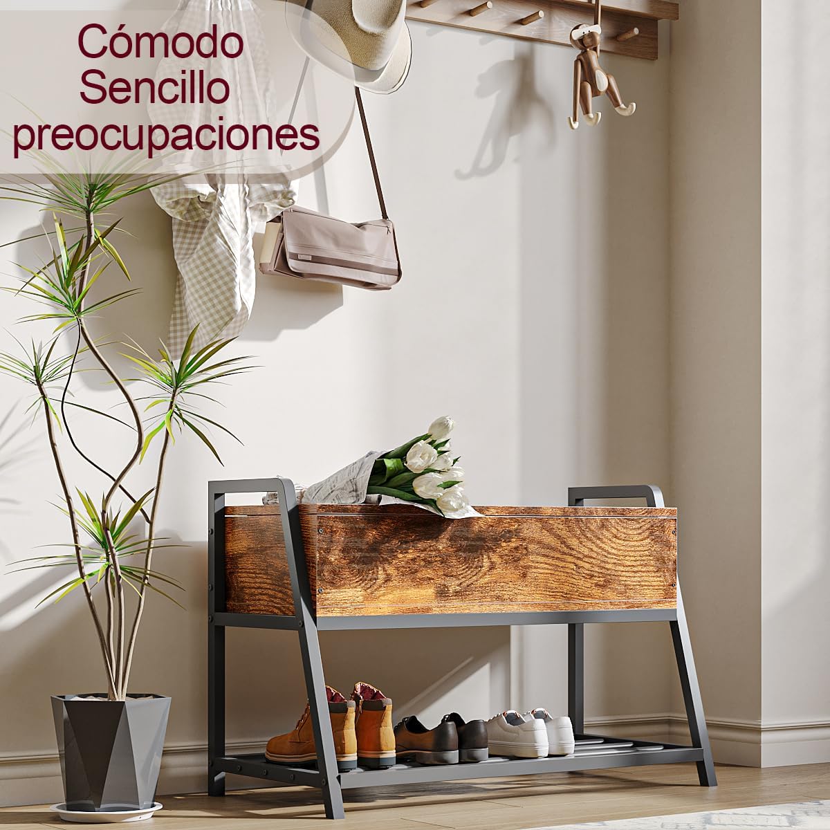 Banco de Almacenamiento Banco de Zapatos Taburete de Cama Banco de Entrada con Caja de Almacenamiento Abatible para Entrada Sala de Estar,Dimensiones: 90×40×61 cm