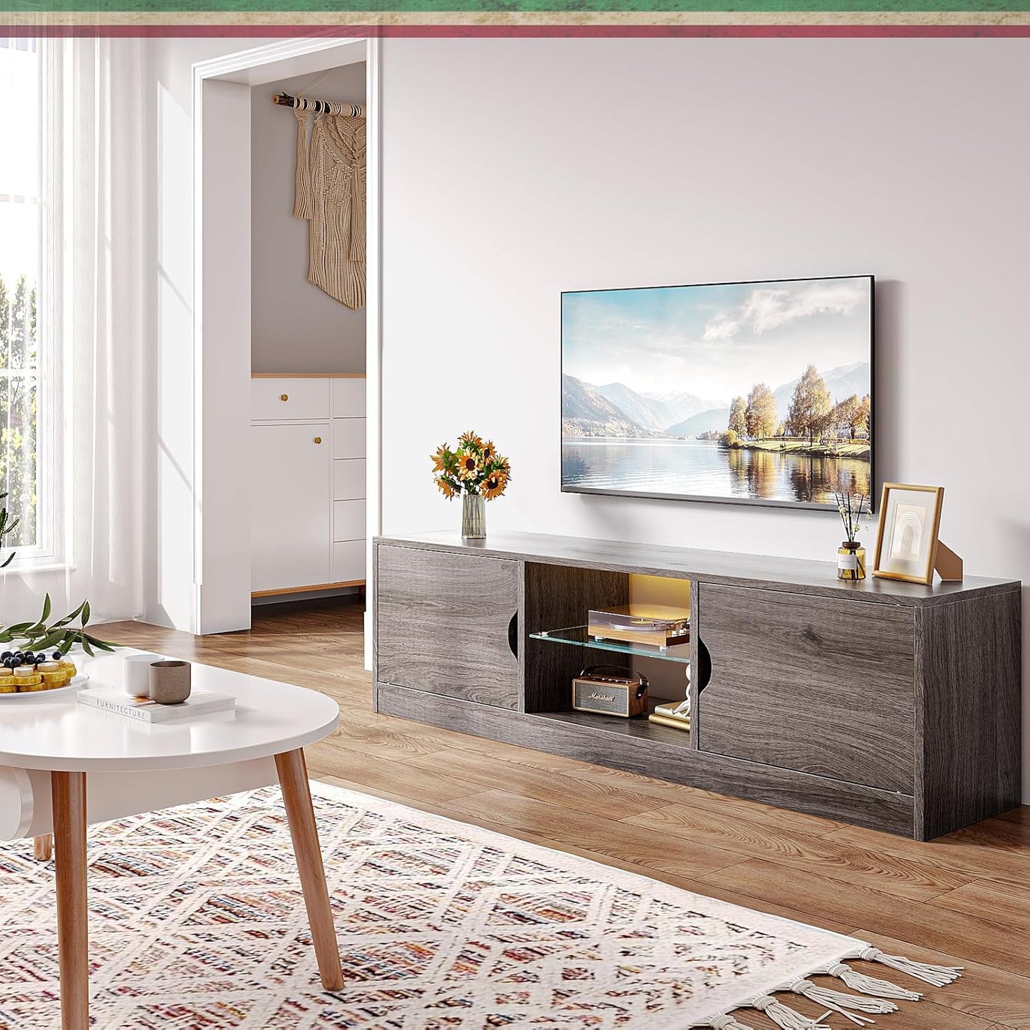 Mueble para TV, 120 CM TV Grande, con Vidrio Templado Luz LED Centro de Entretenimiento para TV, Mesa para TV de Madera de Alta Gama, Apto para Salón y Dormitorio