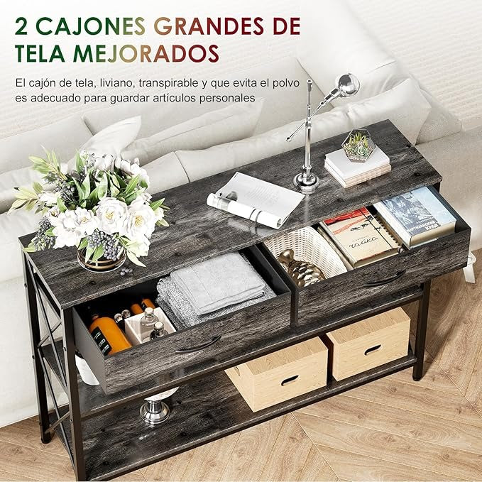 Credenza Moderna para Recibidor – 100CM, con 2 Cajones de Tela y Estantes Dobles, Ideal para Salón y Pasillo