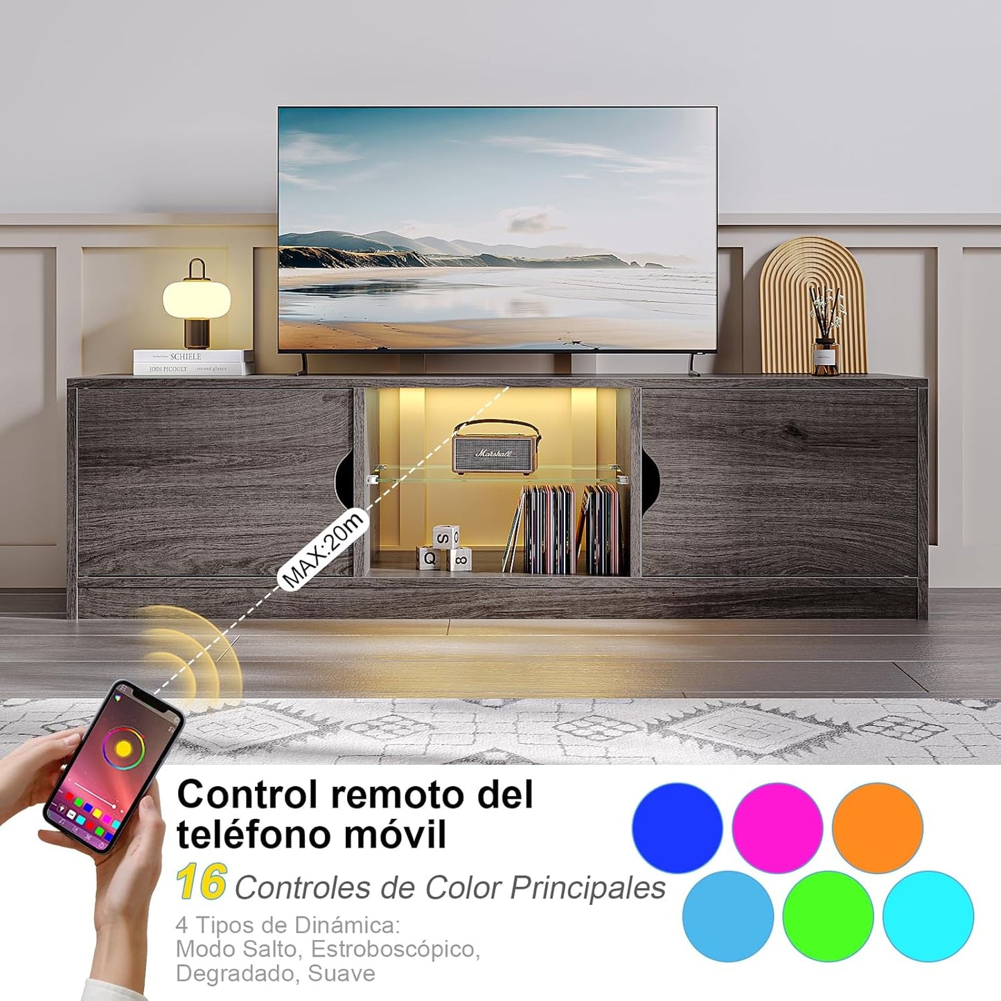 Mueble para TV, 120 CM TV Grande, con Vidrio Templado Luz LED Centro de Entretenimiento para TV, Mesa para TV de Madera de Alta Gama, Apto para Salón y Dormitorio