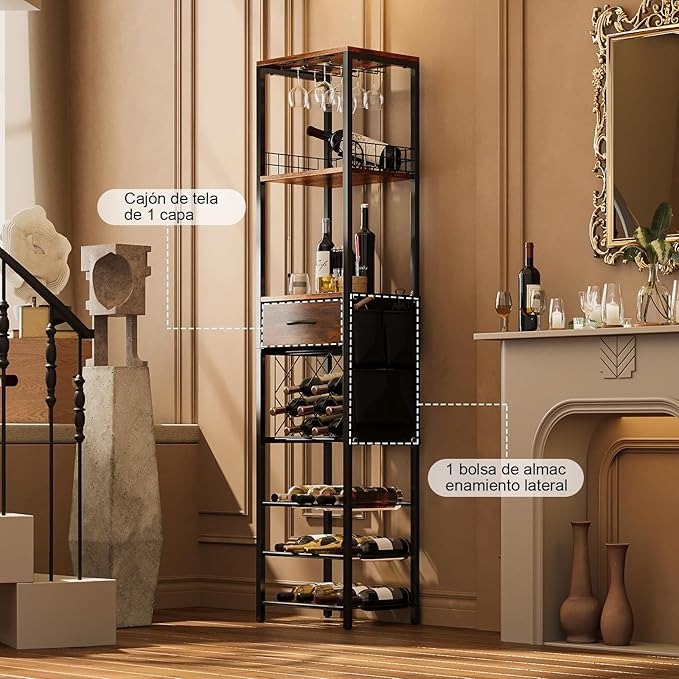 Estante de Vino de 1.7 m para Piso con Cajón y Bolsillos Laterales | Rack para Botellas y Barra de Vinos Moderna