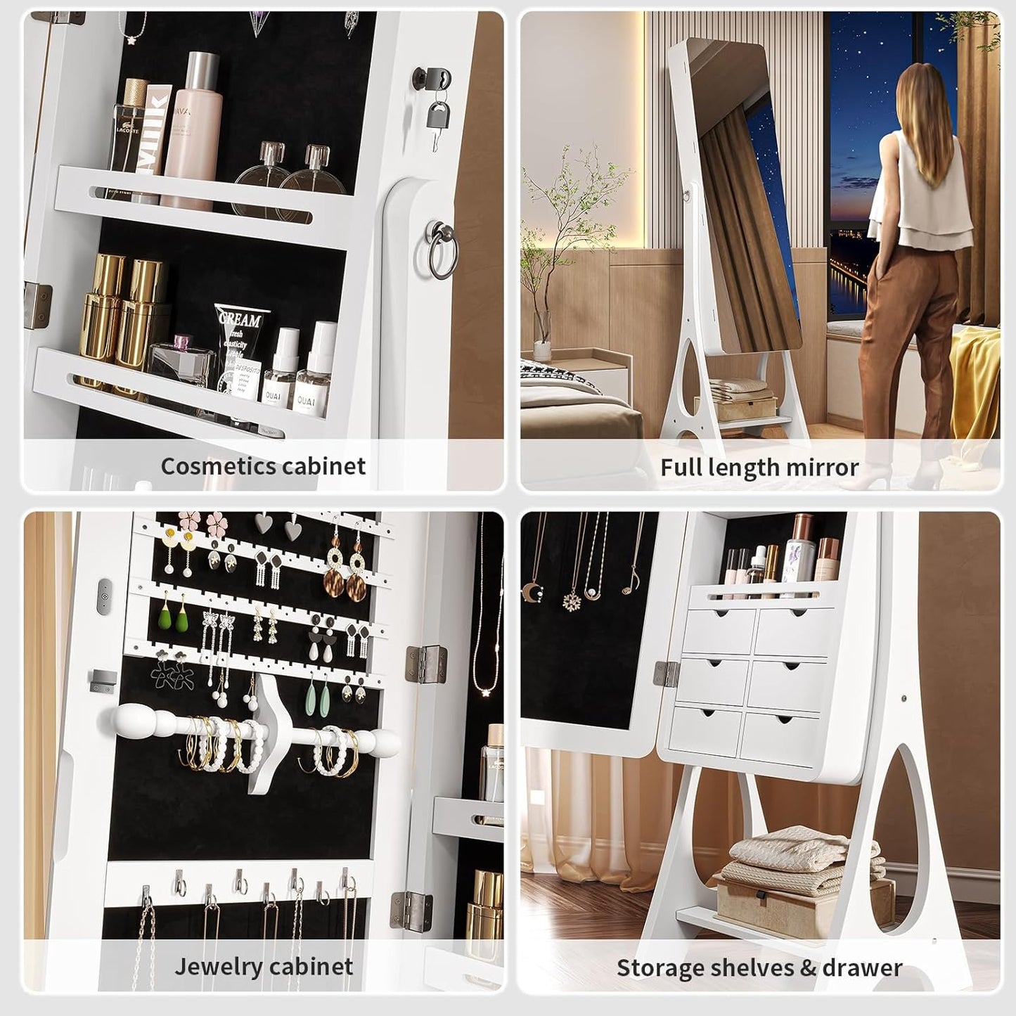 Espejo Joyero con Luces LED y Llave | Espejo Organizador de Pie y de Puerta con Almacenamiento para Joyería – 155×42×36 cm