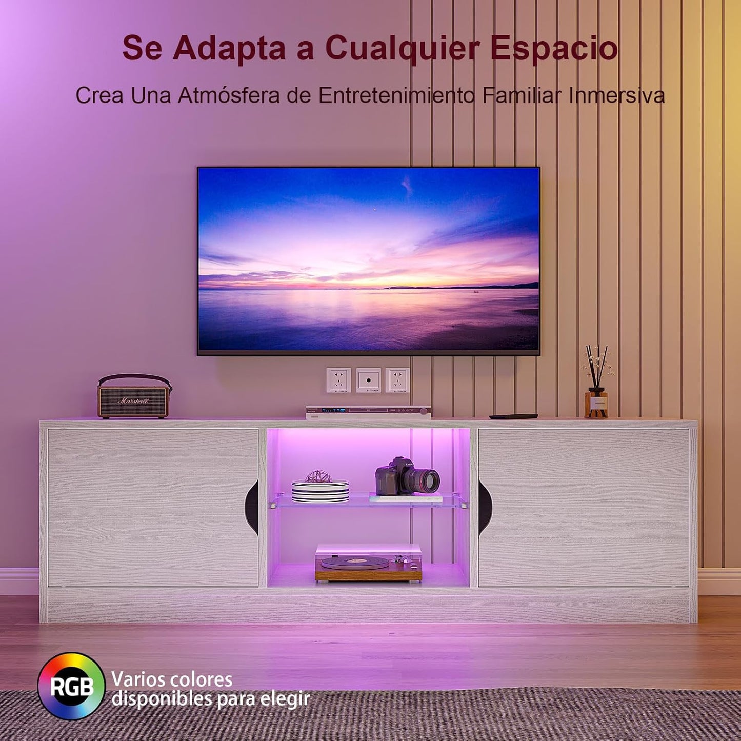 Mueble para TV, 120 CM TV Grande, con Vidrio Templado Luz LED Centro de Entretenimiento para TV, Mesa para TV de Madera de Alta Gama, Apto para Salón y Dormitorio