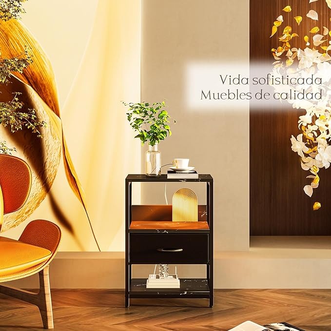 Buró / Mesita de Noche con LED – Mesa Auxiliar con 2 Enchufes y Puertos USB