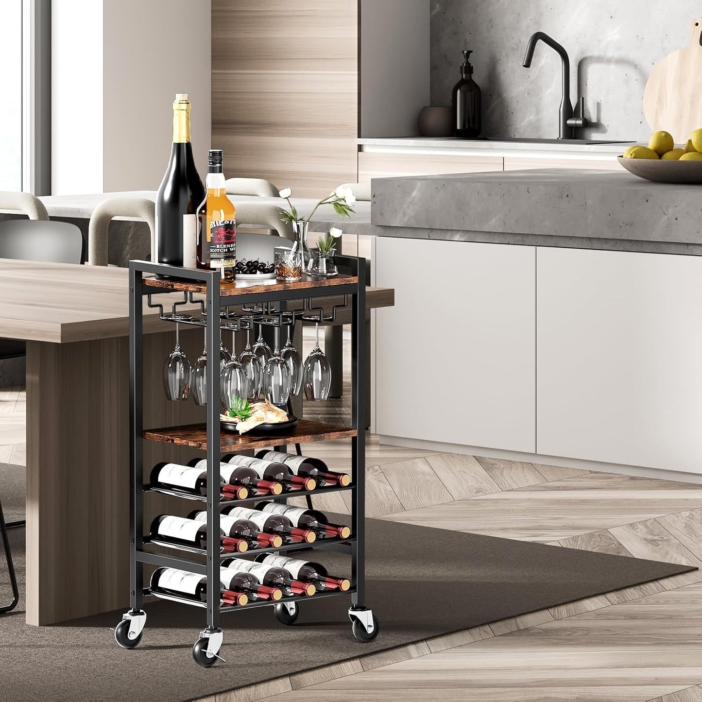 Carrito Bar de 5 Niveles con Porta Copas y Botellero para 12 Botellas – Carrito de Servicio Vintage para Hogar, Cocina o Sala de Estar