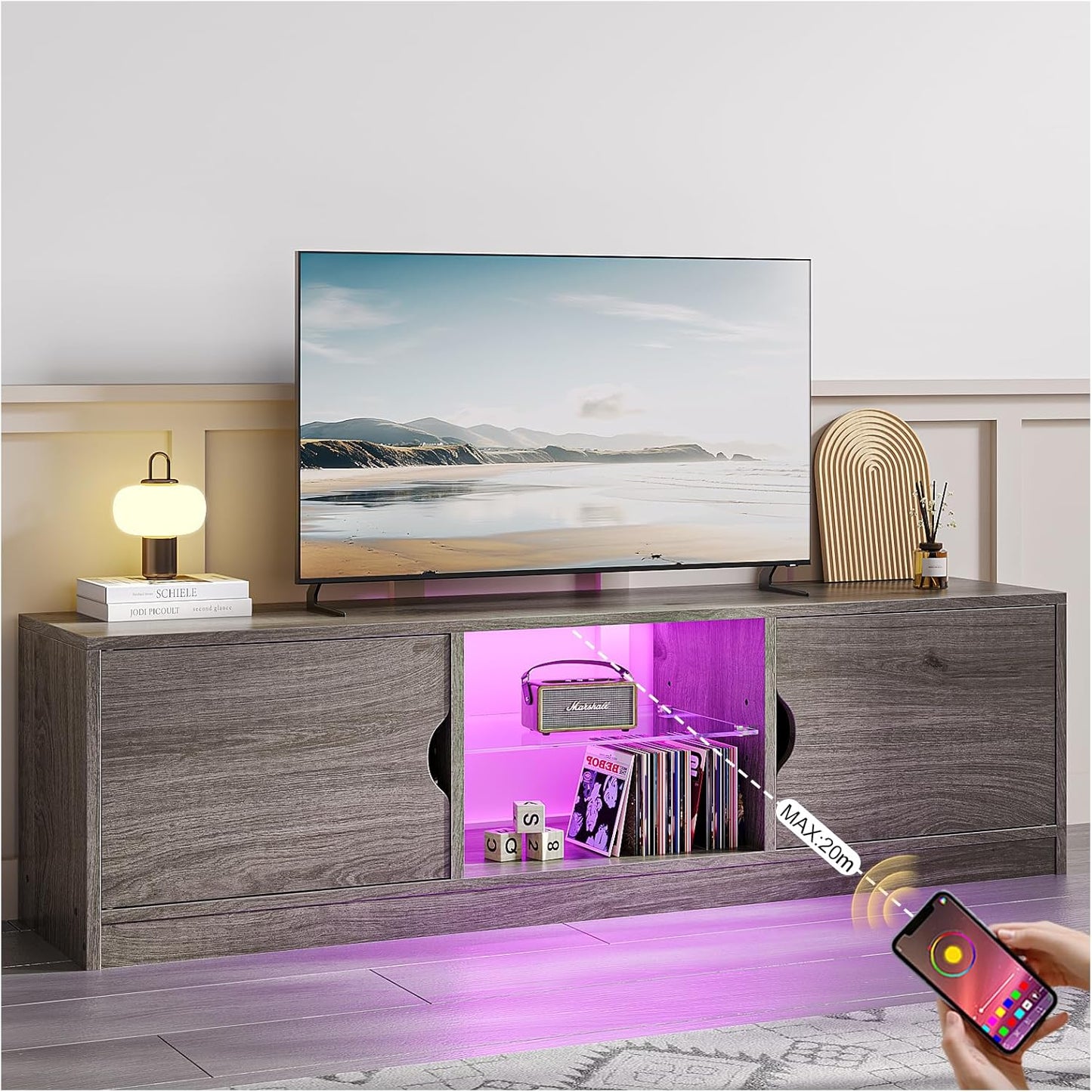 Mueble para TV, 120 CM TV Grande, con Vidrio Templado Luz LED Centro de Entretenimiento para TV, Mesa para TV de Madera de Alta Gama, Apto para Salón y Dormitorio