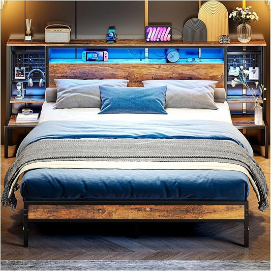 Base de Cama Matrimonial con Luz LED y Carga USB | Cabecera con Almacenaje, Metal y Madera 140x190 cm