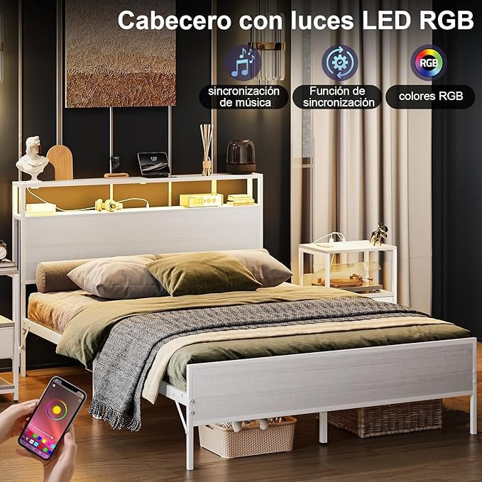 Cama Matrimonial con Cabecero de Almacenamiento, Base de 1.4 m con Luces LED, Contactos de Carga y Puertos USB – Blanco Moderno
