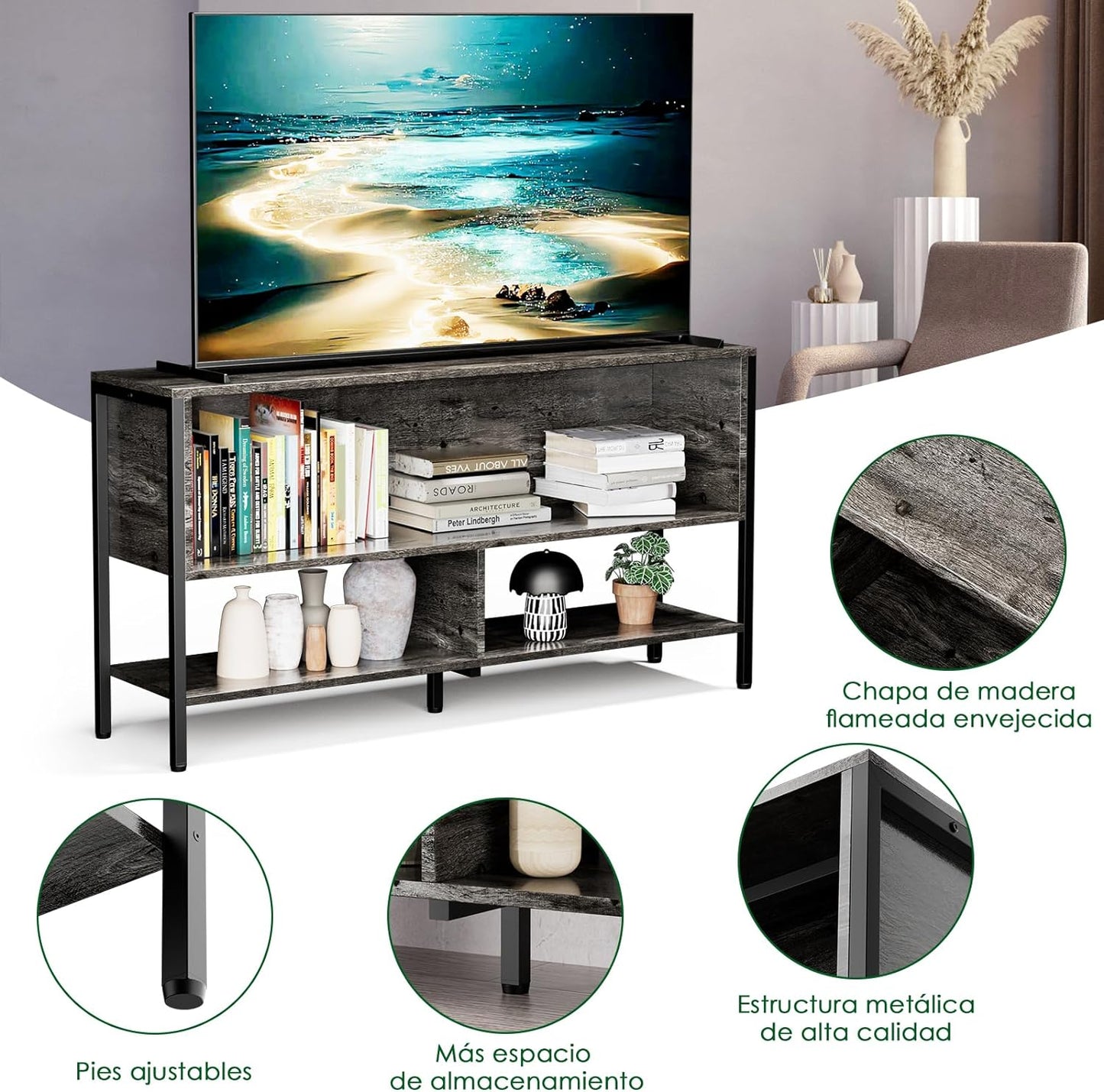 Mueble para TV, Mueble de TV Abierto de 2 Niveles,Apto para Salón y Dormitorio,El Tamaño es 120 CM × 30 CM × 63 CM. (Gris)