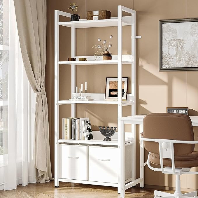 Librero Minimalista de 5 Niveles con Respaldo Semicerrado – Grande 155cm, con Cajón de Tela, Ideal para Dormitorio y Sala de Estar (Blanco)