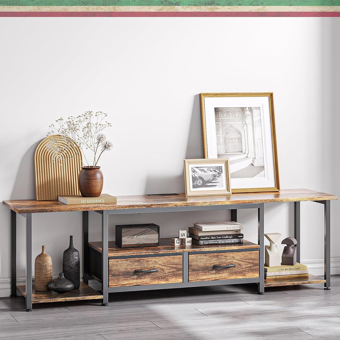 Mueble para TV,Mueble TV con Regleta,Mesa para TV para Televisor de 75 a 85 Pulgadas,con 2 Cajones de Tela,168 CM Centro de Entretenimiento para TV,El Tamaño es 168×40×45 CM. (Brown)