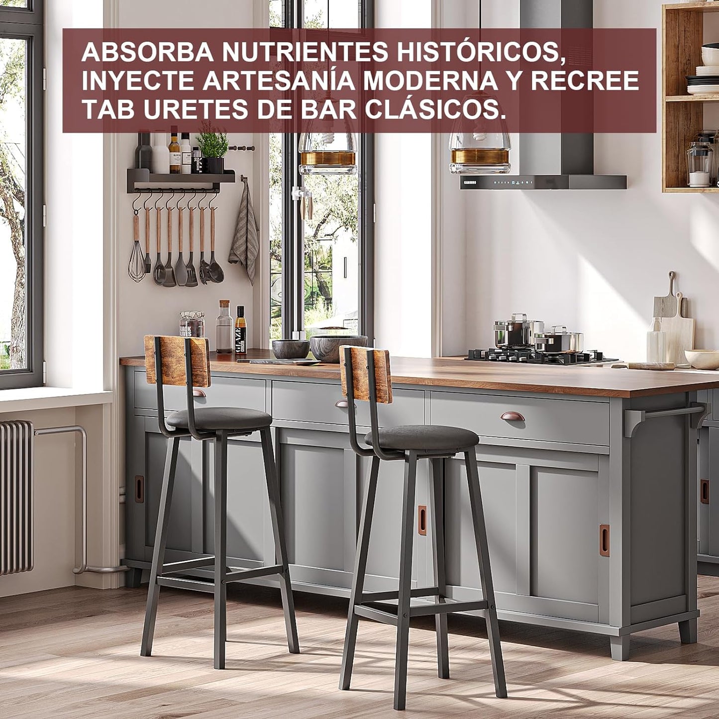 Bancos para Barra,Juego de 2 Taburetes de Bar,Bancos para Barra de Cocina de Madera de Hierro Vintage,Silla Alta de 96 CM para Bar,Cocina,Restaurante,Banco Alto con Tapizado de PU.