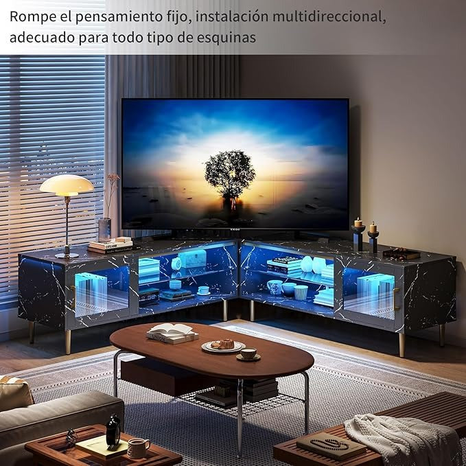 Mueble para TV Simple Wisdom 2M – Centro de Entretenimiento con Luz LED y Regleta, para Televisores de 65-85”, con 6 Espacios de Almacenamiento y Madera de Alta Gama