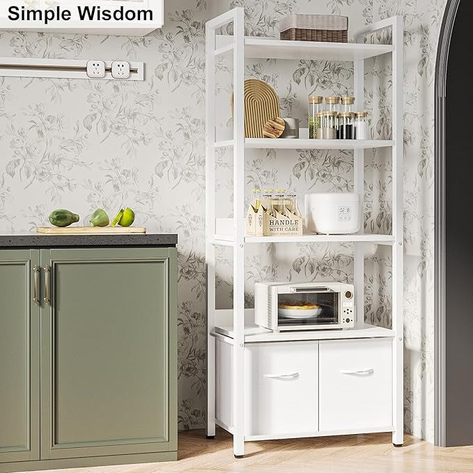 Librero Minimalista de 5 Niveles con Respaldo Semicerrado – Grande 155cm, con Cajón de Tela, Ideal para Dormitorio y Sala de Estar (Blanco)
