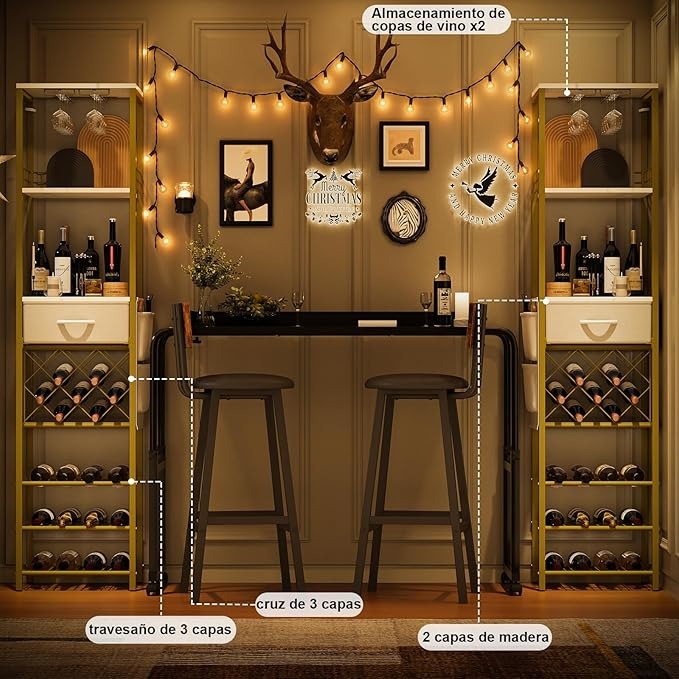 Estante de Vino de 1.7 m para Piso con Cajón y Bolsillos Laterales | Rack para Botellas y Barra de Vinos Moderna