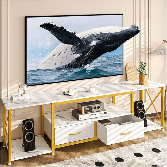 Simple Hogar Mueble TV 160CM – Blanco Mármol, con Regleta, 2 Cajones de Tela, para Televisor hasta 65 Pulgadas