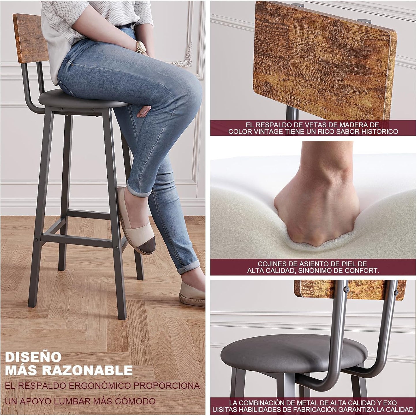 Bancos para Barra,Juego de 2 Taburetes de Bar,Bancos para Barra de Cocina de Madera de Hierro Vintage,Silla Alta de 96 CM para Bar,Cocina,Restaurante,Banco Alto con Tapizado de PU.