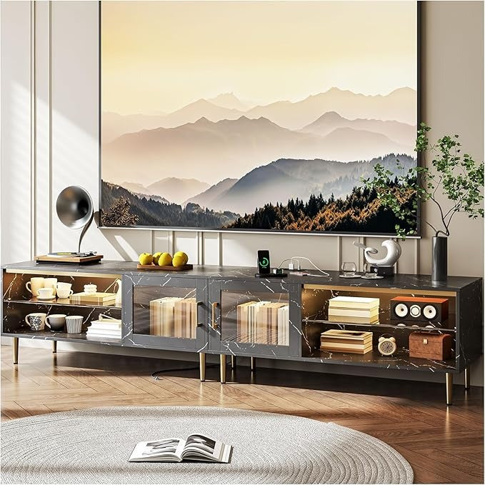 Mueble para TV Simple Wisdom 2M – Centro de Entretenimiento con Luz LED y Regleta, para Televisores de 65-85”, con 6 Espacios de Almacenamiento y Madera de Alta Gama