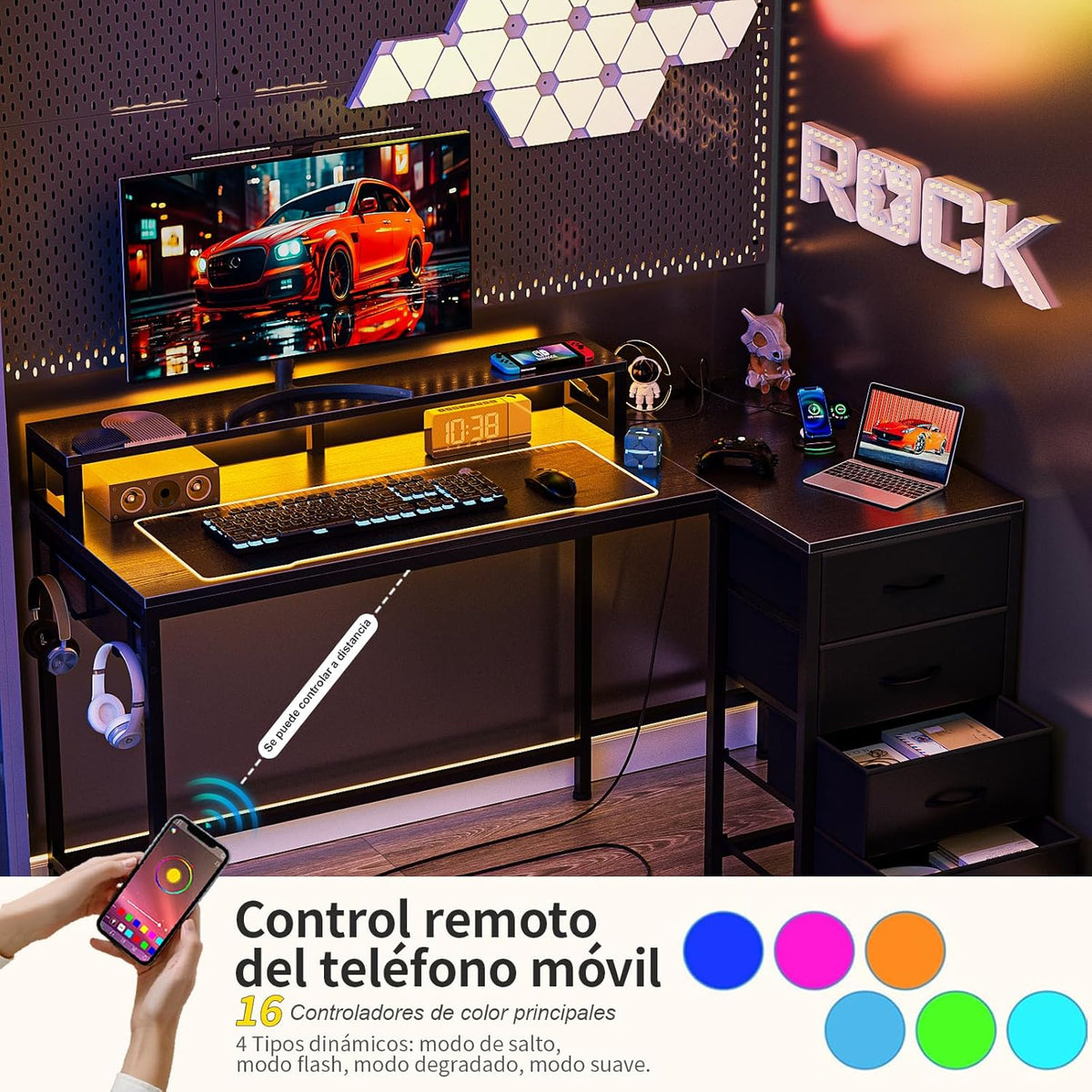 Escritorio en L Gamer Simple Wisdom – Minimalista, Esquinero, con Cajón, Luz LED y Soporte para Monitor