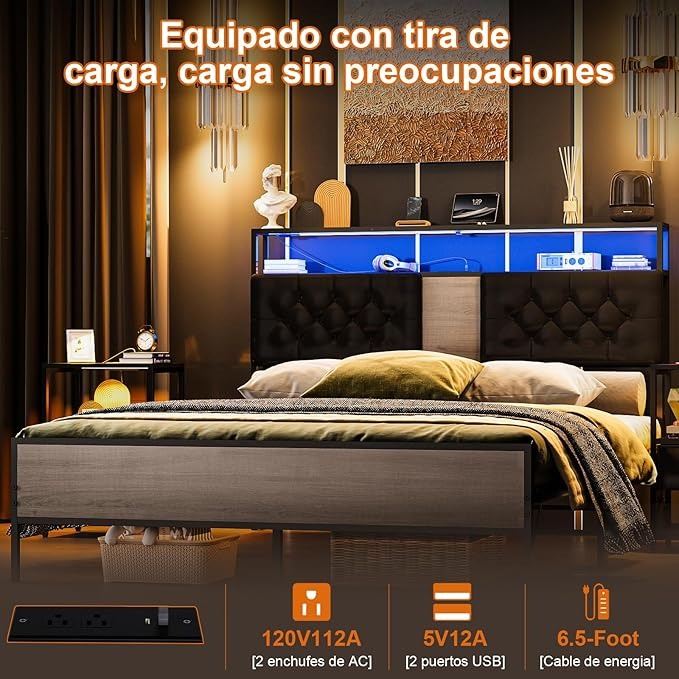 Base de Cama Matrimonial 1.4m con Cabecero Tapizado, Luces LED, 2 Salidas AC y 2 Puertos USB – Almacenamiento Incluido