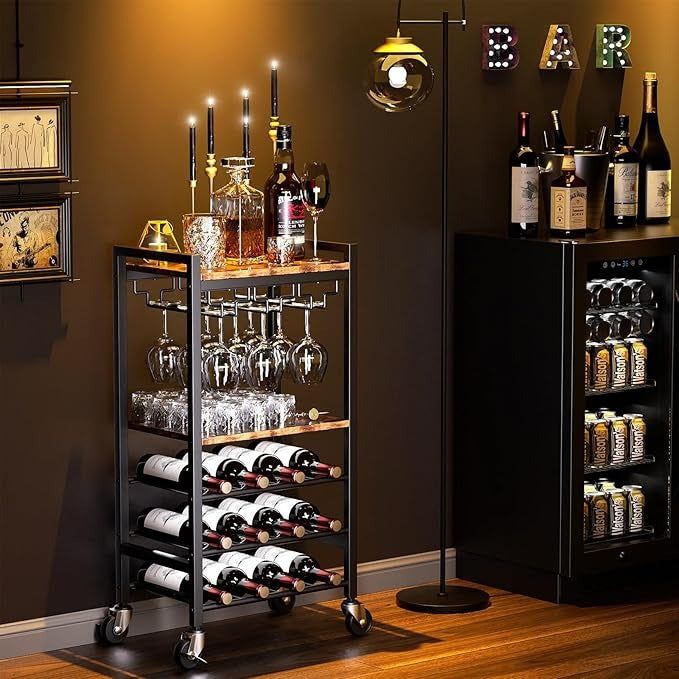 Carrito Bar de 5 Niveles con Porta Copas y Botellero para 12 Botellas – Carrito de Servicio Vintage para Hogar, Cocina o Sala de Estar